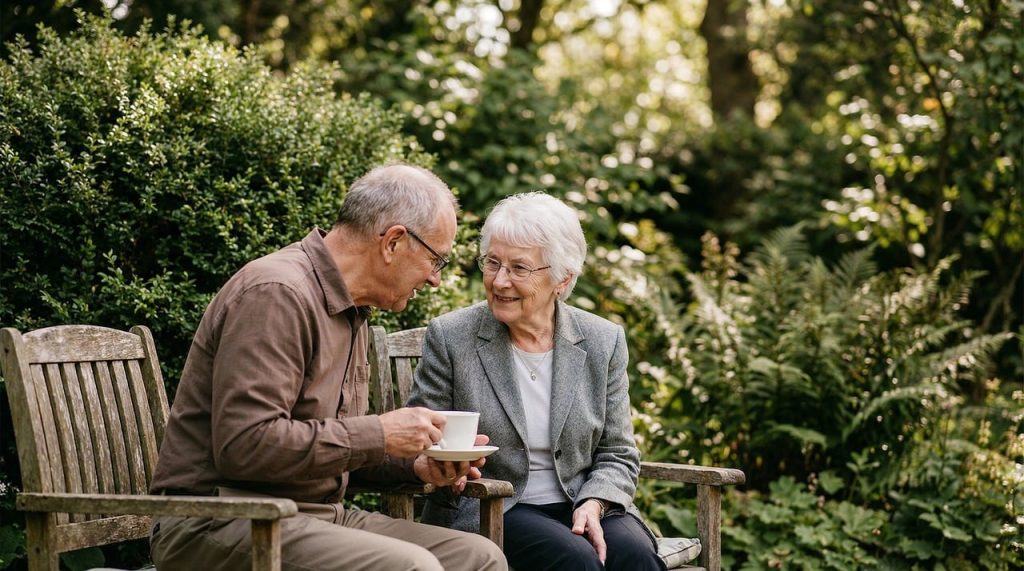 Couple de retraités consultant leur avis de taxe foncière devant leur maison