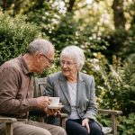 Couple de retraités consultant leur avis de taxe foncière devant leur maison
